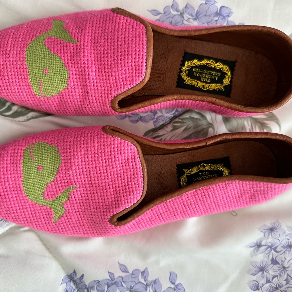 LARKSPUR Needlepoint pink with green whale shoes